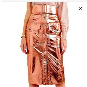 NWT $2450 Ralph & Russo Metallic Coated Copper Silk Pencil Skirt Gold Size 2
